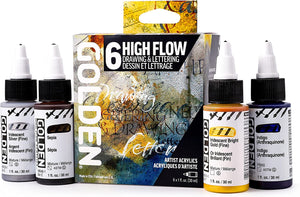 Golden High Flow Acrylic Paint Set, 6 Color Drawing & Lettering Set, 1 Oz Each