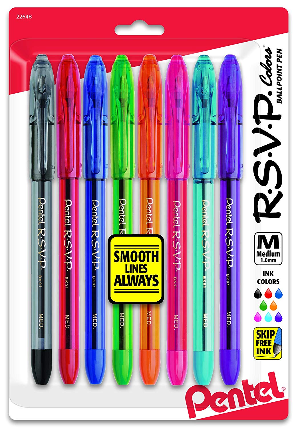 Pentel 1.0mm RSVP Ballpoint Pen Medium Point Assorted Ink Colors - Pack of 8 Pens (BK91CRBP8M)