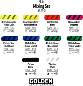 Golden Fluid Acrylic Paint, Fluid Mixing Set, 1 Fl. Oz. Bottles, 10 Piece Set