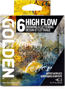 Golden High Flow Acrylic Paint Set, 6 Color Drawing & Lettering Set, 1 Oz Each