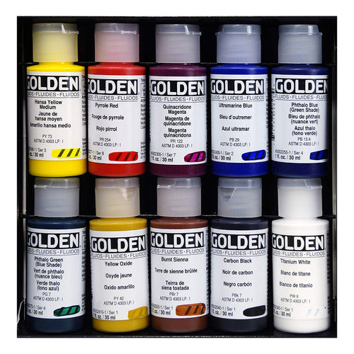 Golden Artist Colors (GAC) Principal 10 Professional Fluid Acrylic Set (905-0) - Useful for Watercolor Techniques when Mixed with Water
