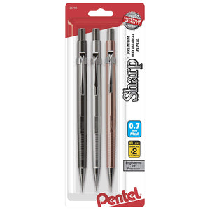 Pentel Sharp Premium Mechanical Pencils 0.7mm Medium with Metallic Barrels in Assorted Colors & HB Lead - Pack of 3 Pencils (P207MBP3M)