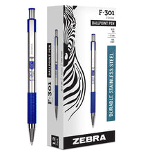 Load image into Gallery viewer, Zebra F-301 Stainless Steel Retractable Ballpoint Pen, Fine Point, 0.7mm, Blue Ink, 12-Count