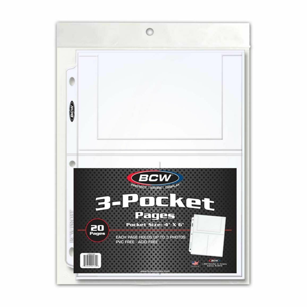 BCW Pro 3-Pocket Photo Page (20 CT. Pack), Acid-Free, Holds 4